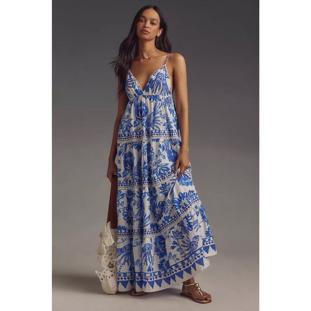 FARM Rio White and Blue Floral Maxi Dress